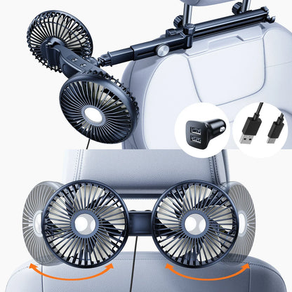 Hipacool Battery Dual Head Fan for Car Backseat with Retractable Long Arm USB Rechargeable Car Seat Headrest Cooling Fan