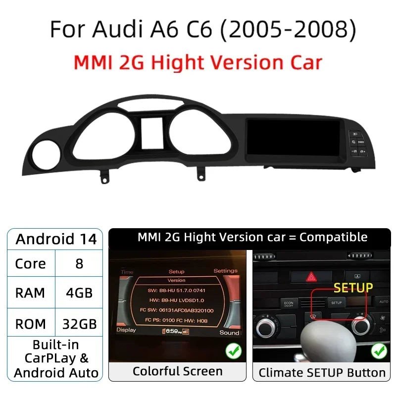 Android 14 Auto Radio CarPlay For Audi A6 C6 4f  For Audi Q7 4L 2005-2015 MMI 2G 3G GPS Car Multimedia Player Navi Stereo DSP