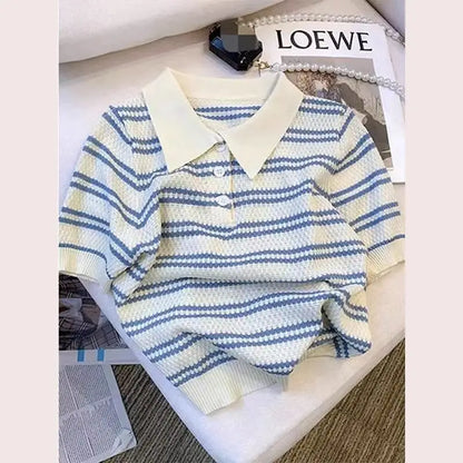 Summer New Polo Collar Fashion Short Sleeve Polo Shirts Women High Street Casual Striped Contrast Color Button Knitting Pullover