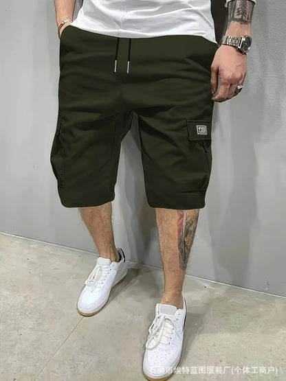 Men's Army Green Cargo Shorts Drawstring Waist Loose Fit Multi Pocket Shorts Men Summer Streetwear Casual Knee Shorts