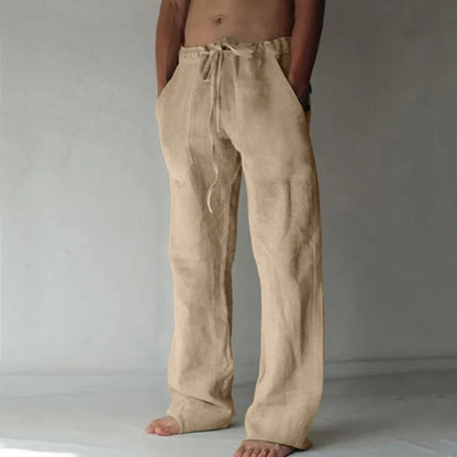 2026 New Men's Cotton Linen Pants, Elastic Waist Solid Color Straight Wide Leg Casual Trousers
