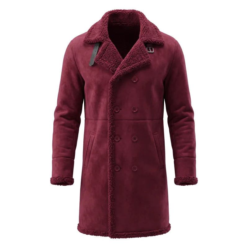 Men’s Winter Fleece-Lined Jacket Thickened Faux Fur Windproof Coat Double-Breasted Belted Trench  Outdoor Hunting Hiking Male