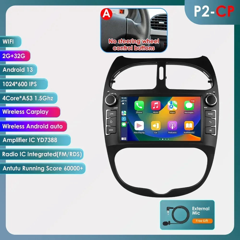 Android 14 Car radio for PEUGEOT 206 206CC 206SW 2000-2005 2006 2007 2008 Multimedia player GPS navi Video 7862 2din Autoradio