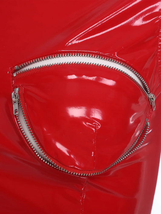 Womens Shiny PU Leather Front Zipper Crop Top Wet Look Crew Neck Sleeveless Back Zipper Slim Fit Tank Top Rave Party Blouse