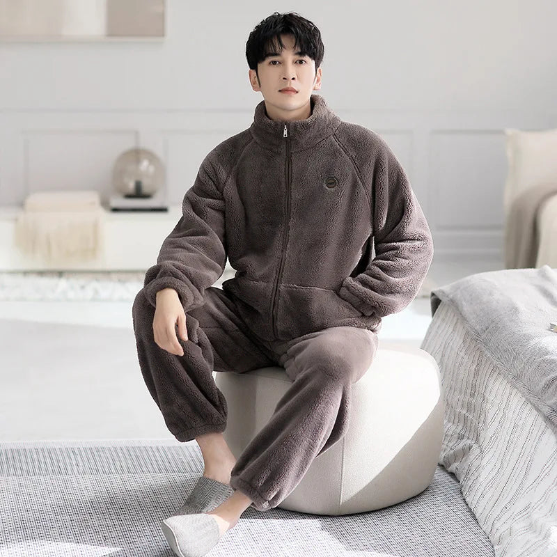Men's Coral Fleece Pajamas Thickened Flannel Home Clothes Set Autumn Winter Style Long Sleeve Warmth Guarantee Home Scence