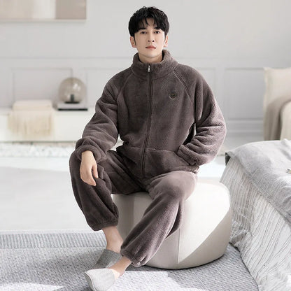 Men's Coral Fleece Pajamas Thickened Flannel Home Clothes Set Autumn Winter Style Long Sleeve Warmth Guarantee Home Scence