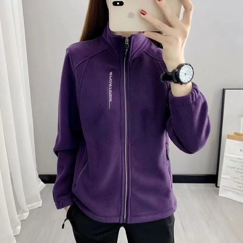 2024 Autumn Winter Thickened Fleece Ladies Outdoor Jacket Stand Collar Sweatshirt Cardigan Soft Plush Warm Upper Apparel