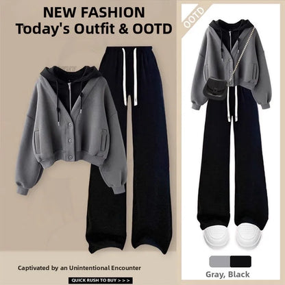 Fashionable Long Sleeve Hoodie And Wide Leg Pants Set Women's Autumn Winter Casual Straight Cut Two Piece Ensemble