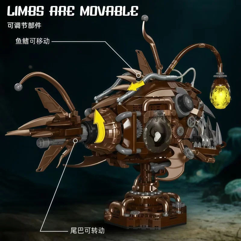 1236-piece mechanical lanternfish ocean animal building blocks, technical lanternfish MOC building block assembly model set, dec