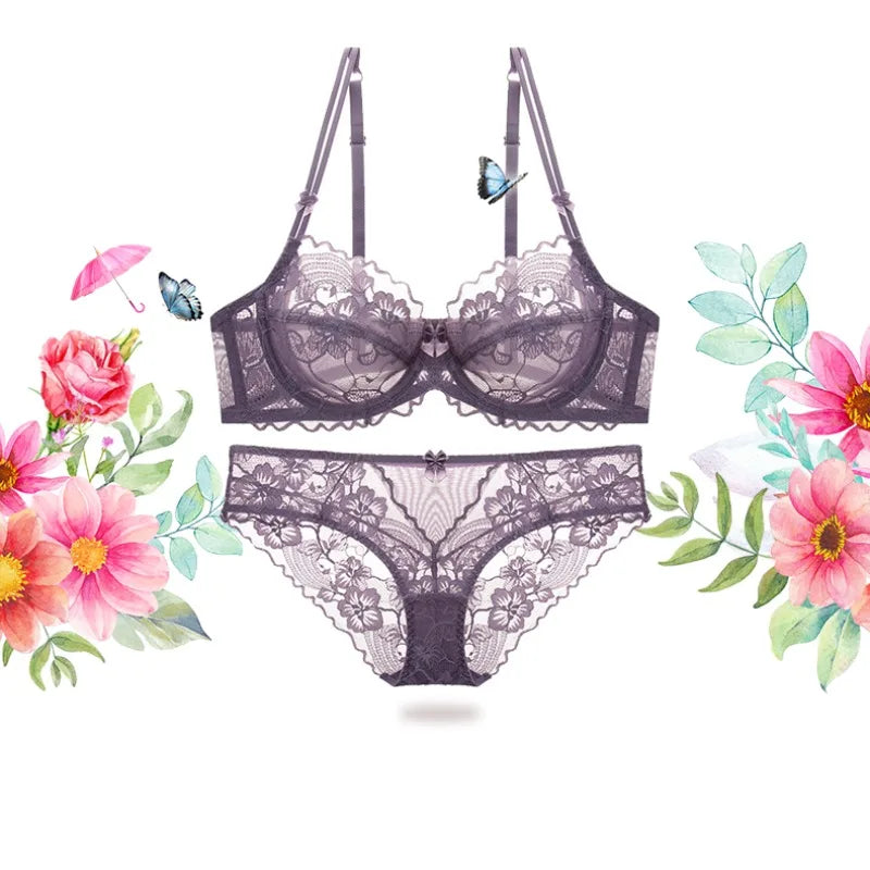 Delicate French Lace Bra Set, Sheer Minimiser Underwire for Lift, Elegant & Breathable Lingerie Large Bust MOYISU Sexy Panty Set