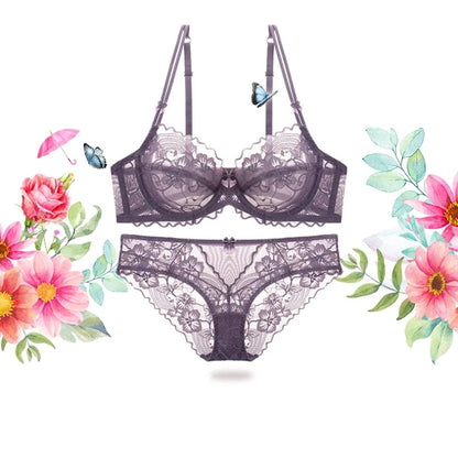 Delicate French Lace Bra Set, Sheer Minimiser Underwire for Lift, Elegant & Breathable Lingerie Large Bust MOYISU Sexy Panty Set