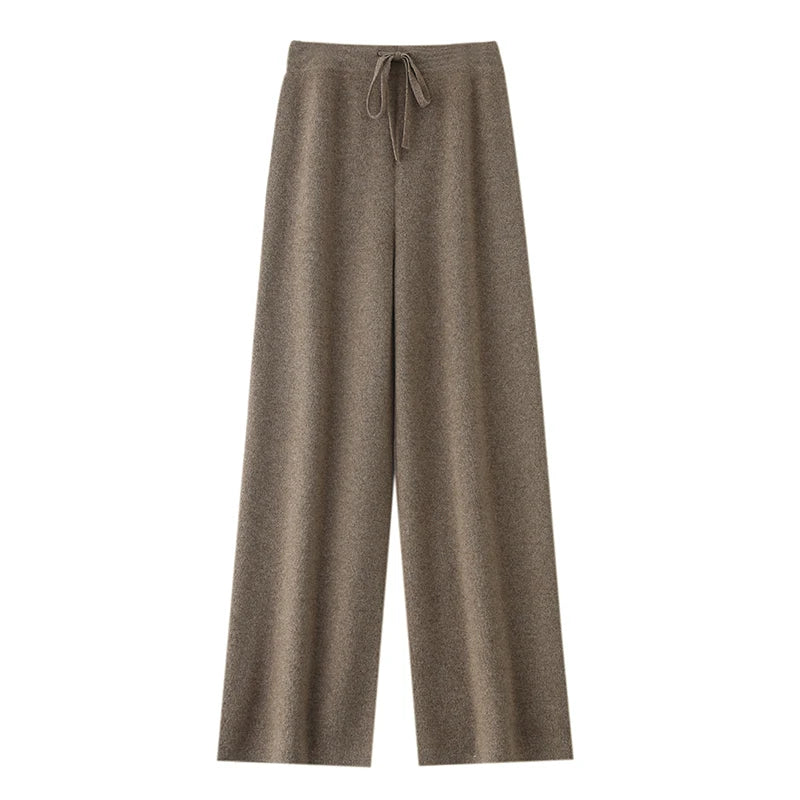 Chic Wide-Leg Pants Women's Autumn Winter Solid Color 100% Merino Wool Knitted Casual Loose Soft Thick Warm Popular Trousers