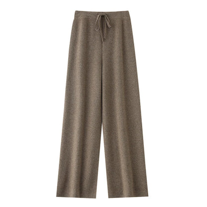 Chic Wide-Leg Pants Women's Autumn Winter Solid Color 100% Merino Wool Knitted Casual Loose Soft Thick Warm Popular Trousers
