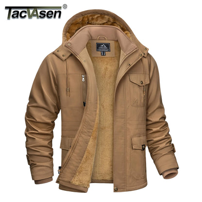 TACVASEN Mens Fleece Lined Winter Warm Jacket Detachable Hood With 6 Multi-Pocket Parka Coat Windproof Outdoor Hiking Daily Coat