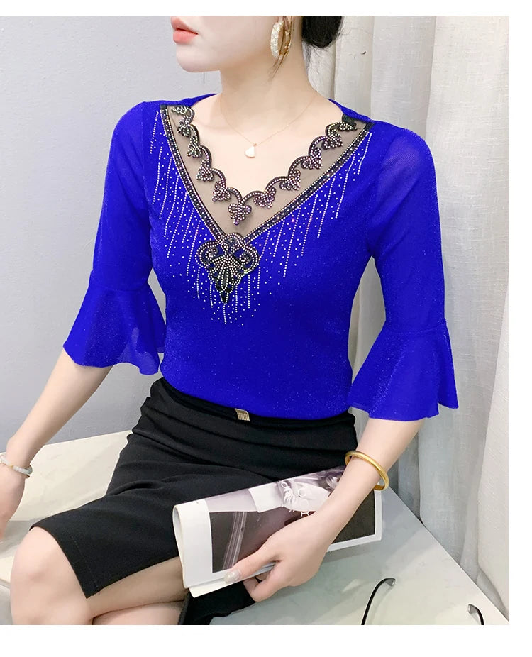 2026 Spring Summer Mesh Tops Korean Fashion Diamond T Shirt Slim 3/4 Sleeve Hollow Out Casual Women Shirt