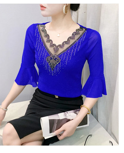 2026 Spring Summer Mesh Tops Korean Fashion Diamond T Shirt Slim 3/4 Sleeve Hollow Out Casual Women Shirt