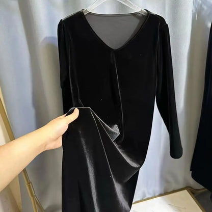 plus Size Velvet Dress V-Neck Long Sleeve Spring Autumn New Style Thin Dress for Middle-Aged And Elderly Women Korean Style A...