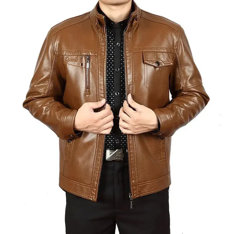 Autumn Winter Men Leather Jacket Fleece Warm Retro Business Casual PU Leather Coat Zipper Long Sleeve Windproof Outerwear New
