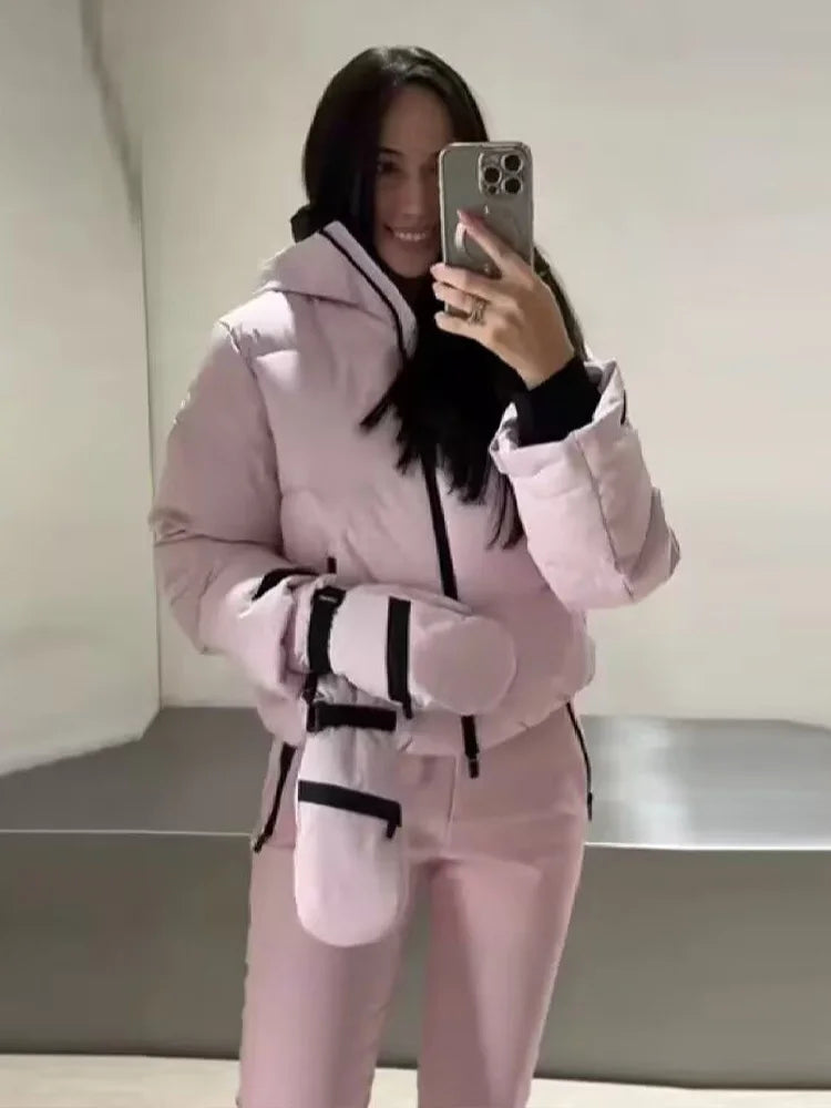 HH Women Fashion Pocket Long Sleeve Zipper Hooded Skiing Cotton-padded Drawstring Jacket+High Waist Casual Winter 2026 Pant Set