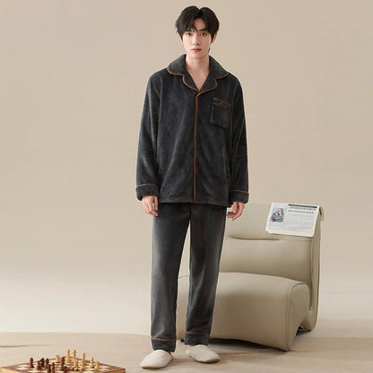 Winter Men Flannel Sleepwear MaleThick Warm Turn-down Collar Pijamas