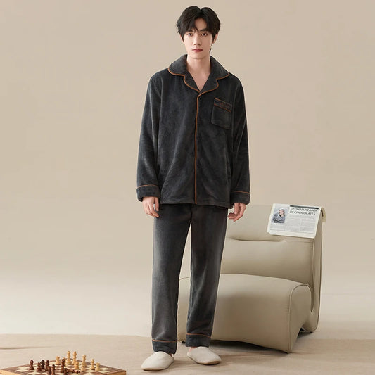 Winter Men Flannel Sleepwear MaleThick Warm Turn-down Collar Pijamas