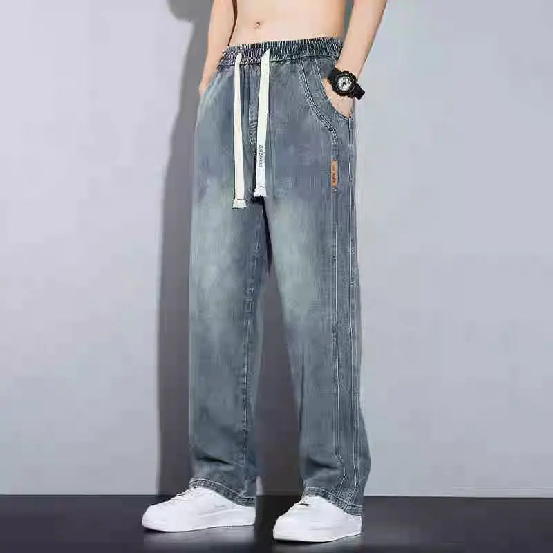 Retro American Wide Leg Men's Jeans Straight Thickened Fleece Loose Autumn Winter Wear Resistant Long Trousers Cotton Elastic...