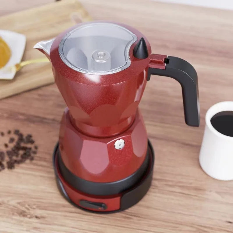 110V/220V Electric Coffee Maker Portable Aluminum Mocha Pot Electric Italian Coffee Maker Percolator for Home Red 150ml/3 Cups