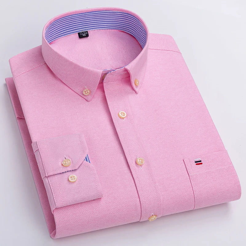 Quality 100% Cotton Oxford Shirt For Mens Long Sleeve Casual Business Regular-Fit Formal Dress Shirts Social Blouse Male Clothes