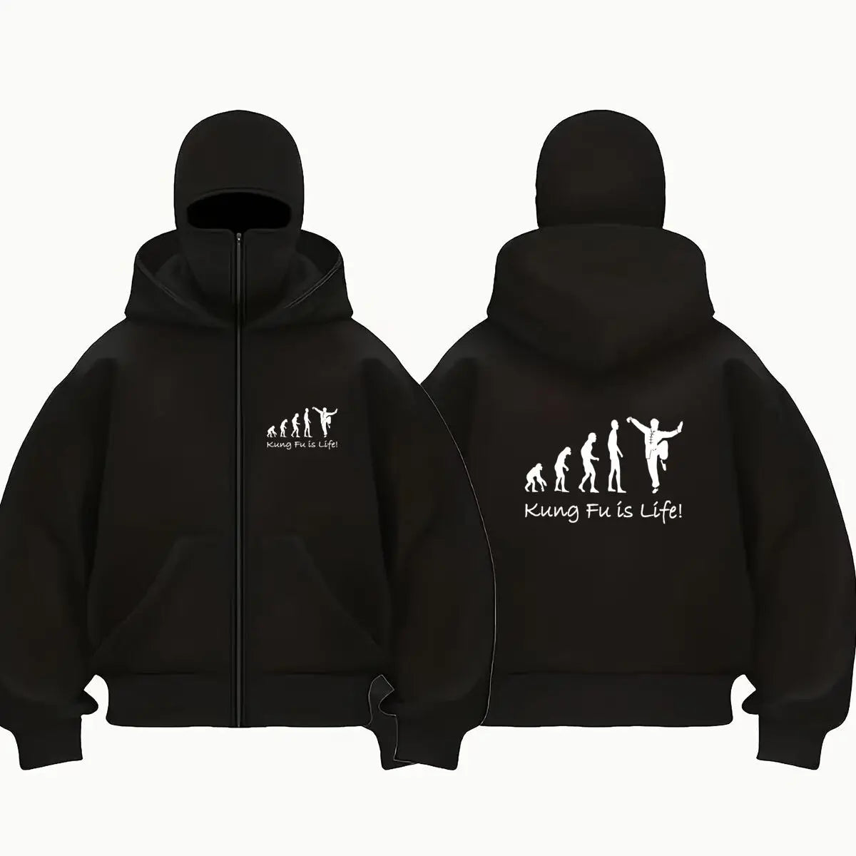 Kung Fu Is Life evolution - pose art Men's Outdoor Warm Balaclava Zip Hoodie Winter Casual Sweatshirt