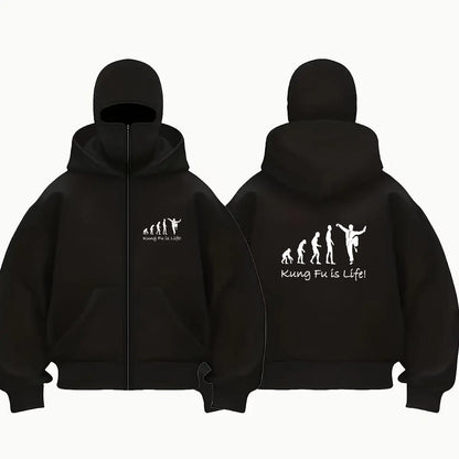 Kung Fu Is Life evolution - pose art Men's Outdoor Warm Balaclava Zip Hoodie Winter Casual Sweatshirt
