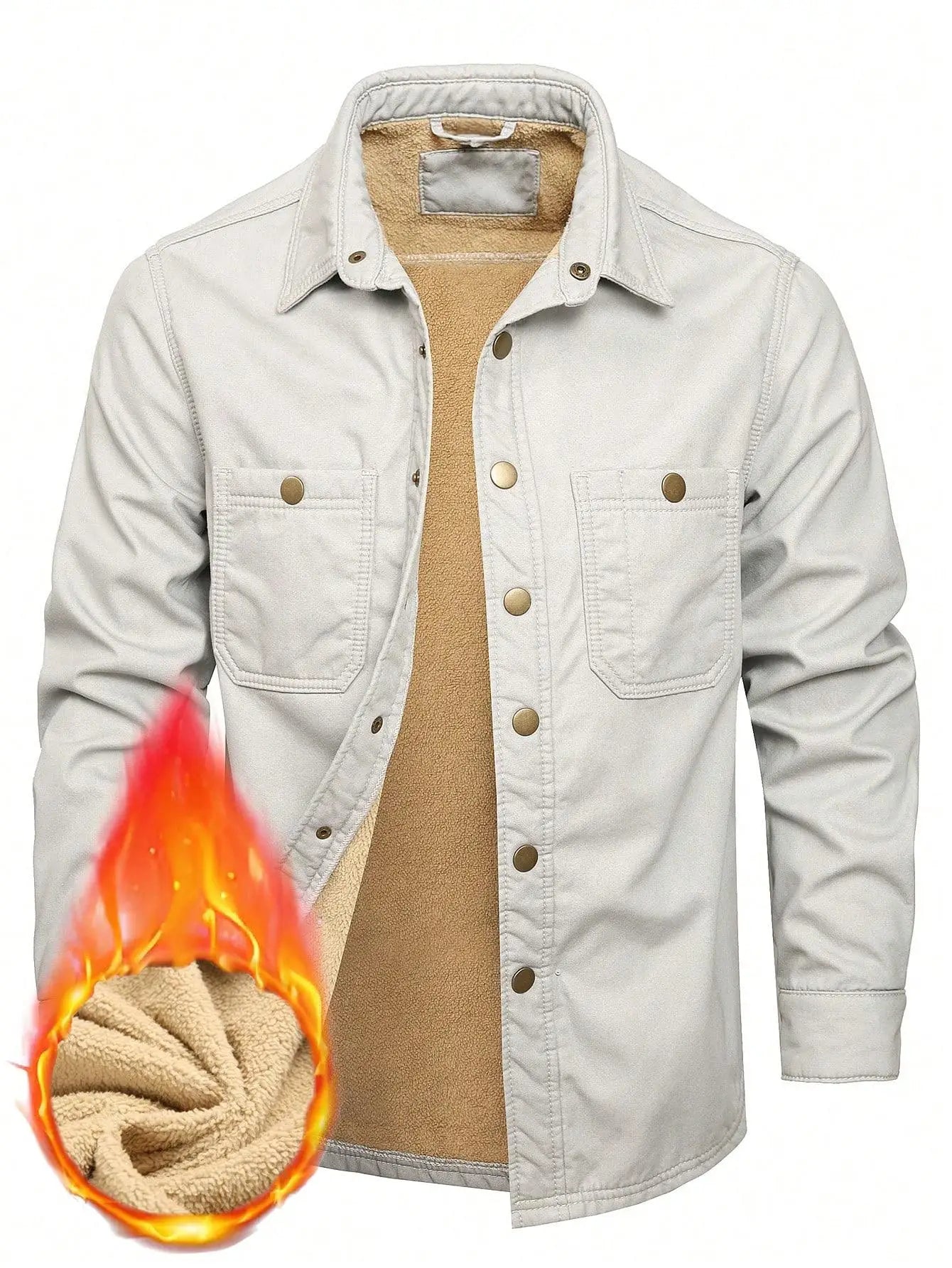 Men's winter light gray denim fleece-lined shirt, combining warmth with a casual temperament.