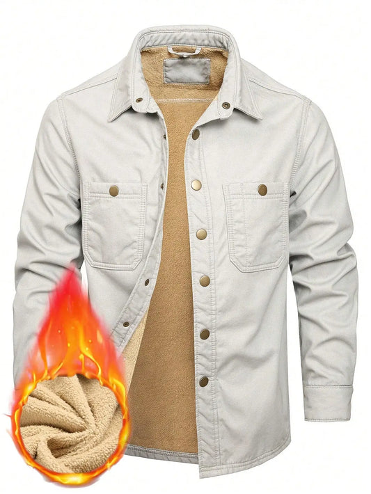 Men's winter light gray denim fleece-lined shirt, combining warmth with a casual temperament.