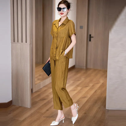 Chic Cotton Linen Two-Piece Set Short Sleeve  Collar Mom Summer Fashion Ensemble for Women over 35 Years Old