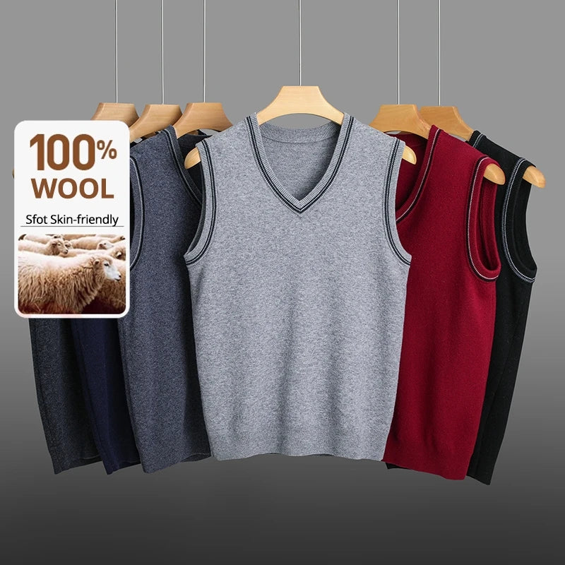 High End 100% Wool New Autum Winter Fashion Brand Knit Pullover Sweater Vest Slim Fit V-neck Sleeveless Casual Mens Clothing