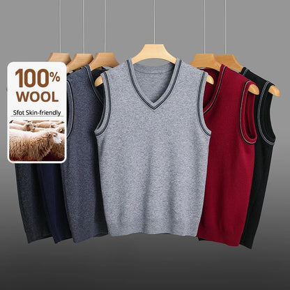 High End 100% Wool New Autum Winter Fashion Brand Knit Pullover Sweater Vest Slim Fit V-neck Sleeveless Casual Mens Clothing