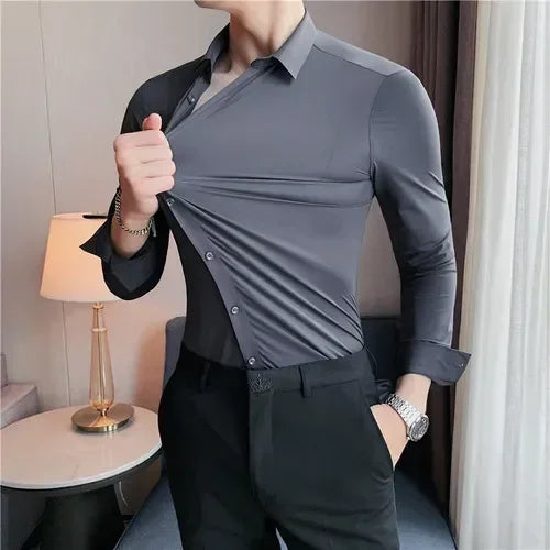 Premium Men's Ultra-Stretch Slim-fit Shirt - High-Quality Silky Business Formal Long-Sleeve Shirt for Social and Casual Wear
