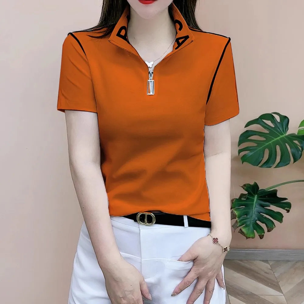 Slimming Short Sleeve Zipper T-Shirt Women's Korean Style Commute Fashion Mid-Year Mom Ladies Shirt Stand Collar Half Zipper