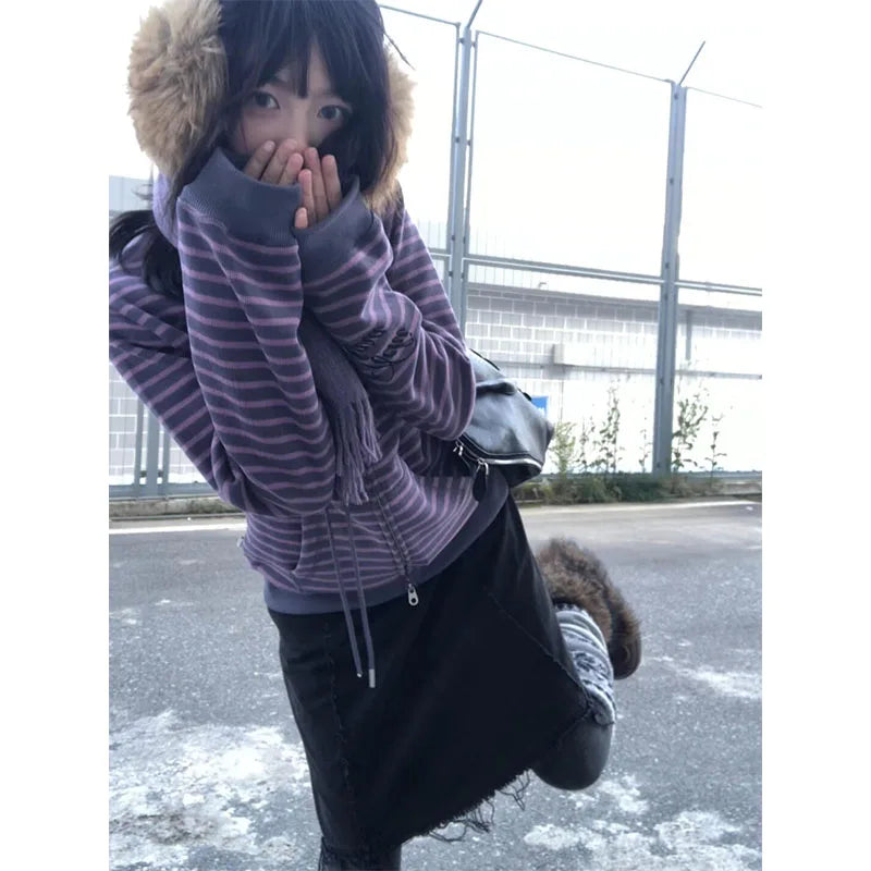 Retro Y2K Purple Striped Zipper Hoodie Women's Autumn Winter Letter Embroidery Casual Stand Collar Cardigan Jacket