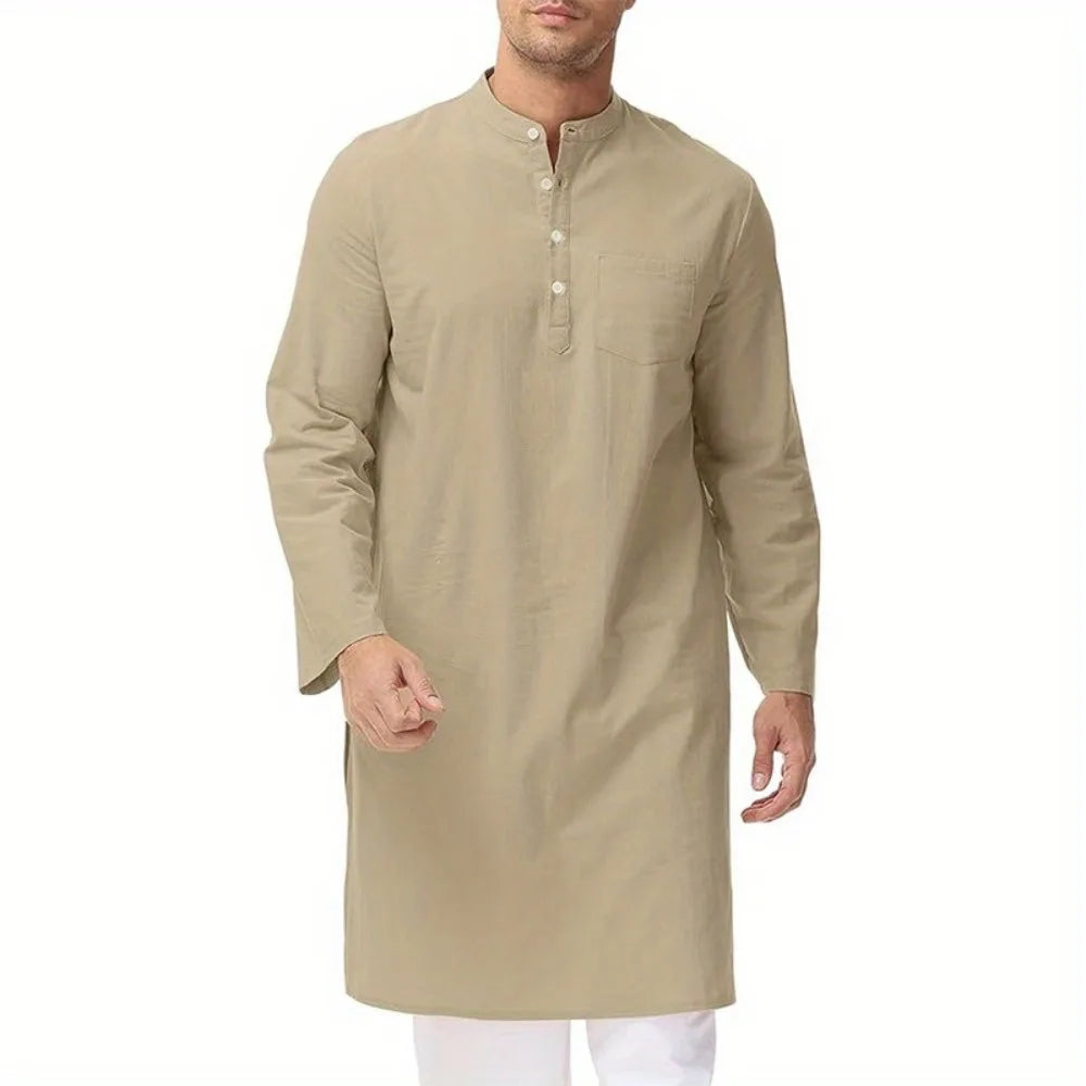 Mens Cotton Ethnic Long Sleeve Robe Side Slit Button Up Henley Shirt Traditional Outfit