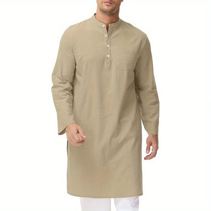 Mens Cotton Ethnic Long Sleeve Robe Side Slit Button Up Henley Shirt Traditional Outfit