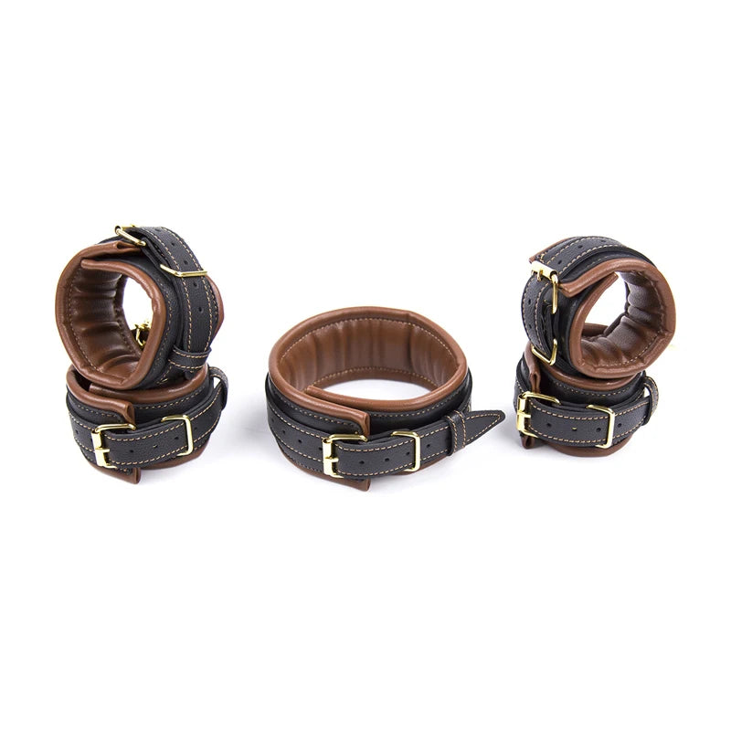 3pcs Bdsm Bondage Set Sex Slave Collar Bdsm Leather Handcuffs Sexy Ankle cuffs Sex Bondage Couple Sex Toys for Womans