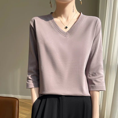 Spring And Summer New White Mercerized Cotton Cropped Sleeve T-shirt Feminine Joker 100% Cotton Bottoming Shirt Half Sleeve
