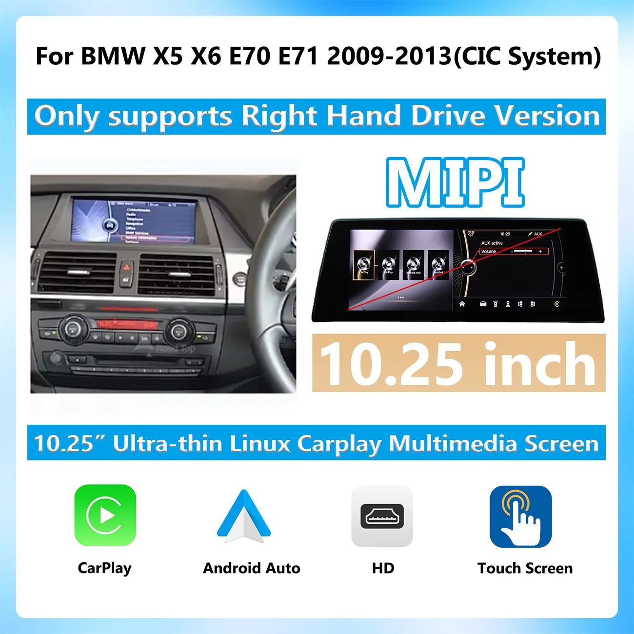 Wireless CarPlay Android Auto Display Multimedia Player For BMW X5 X6 F15 E70 E71 2009-2017 NBT CIC GPS Touch Screen 1920*720