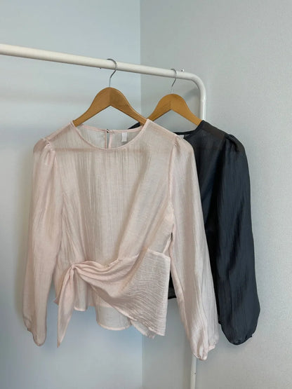 Spring 2026 Chic Korean Style Women's Long Sleeve round Neck Overhead Shirt Loose Fit Slimming Versatile Fashionable Top