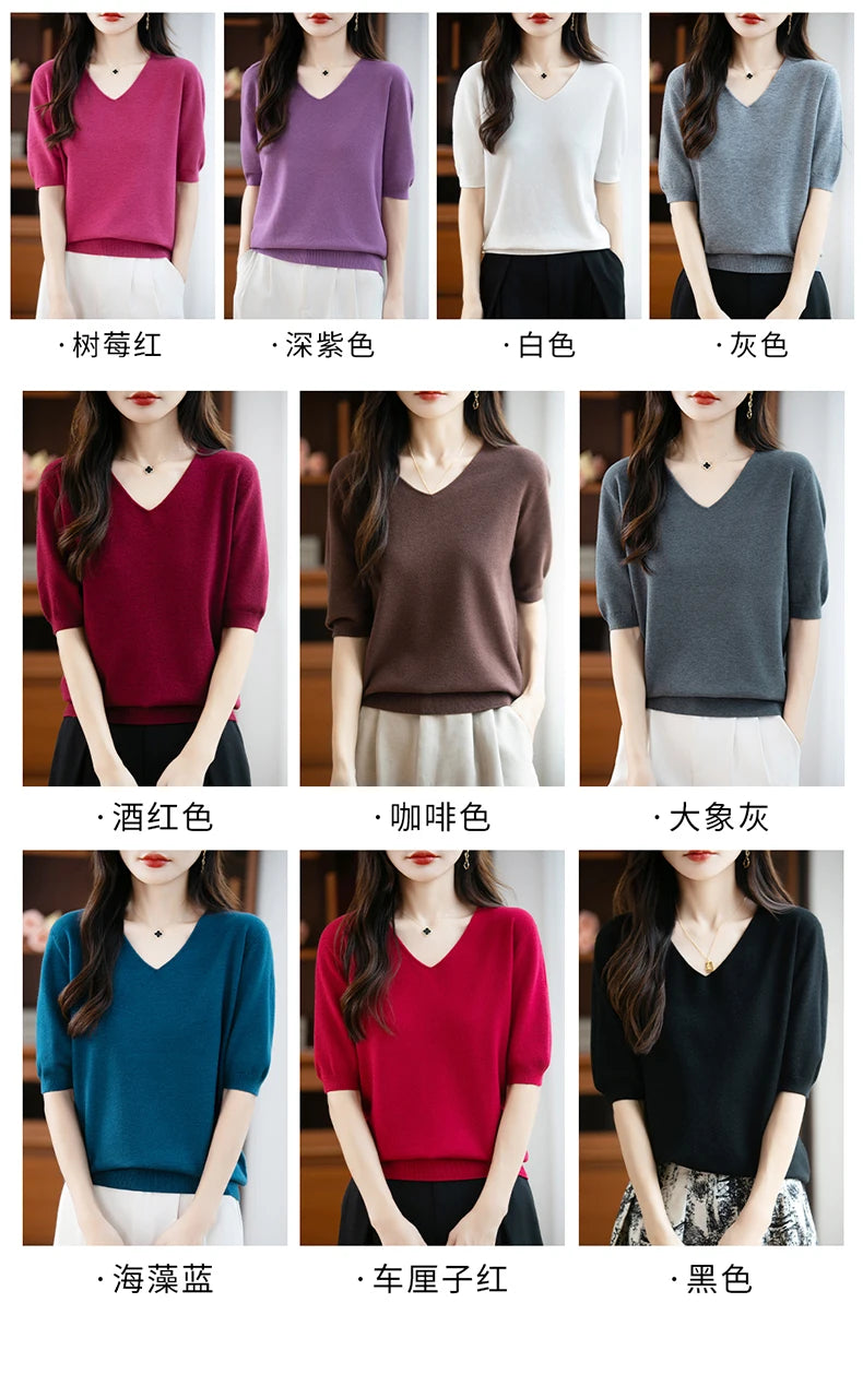 Thin Worsted Wool Short-Sleeved Women's Loose Round Neck T-shirt Printed Summer Fashion Knitted Bottoming Shirt Half-Sleeved