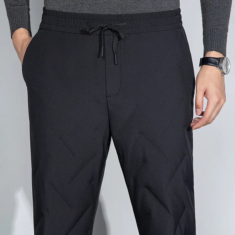 Winter Men Warm Puff Pant Black Thermal Goose Down Straight Trouser Adjustable Lacing Up Elastic Waist Design Cosy Menswear