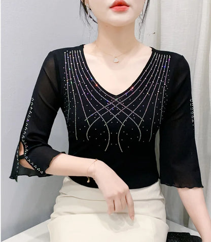 2026 Summer Women Tops New Korean Fashion Diamond Mesh T Shirt V-neck Short Sleeved Patchwork Lace Shirt