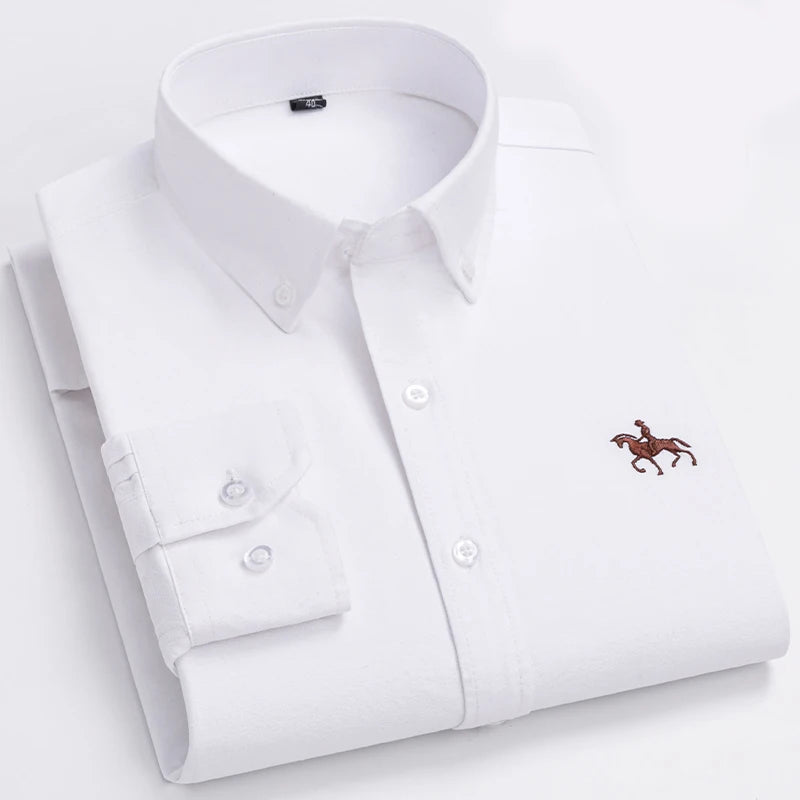 Quality 100% Cotton Oxford Shirt For Mens Long Sleeve Casual Business Regular-Fit Formal Dress Shirts Social Blouse Male Clothes