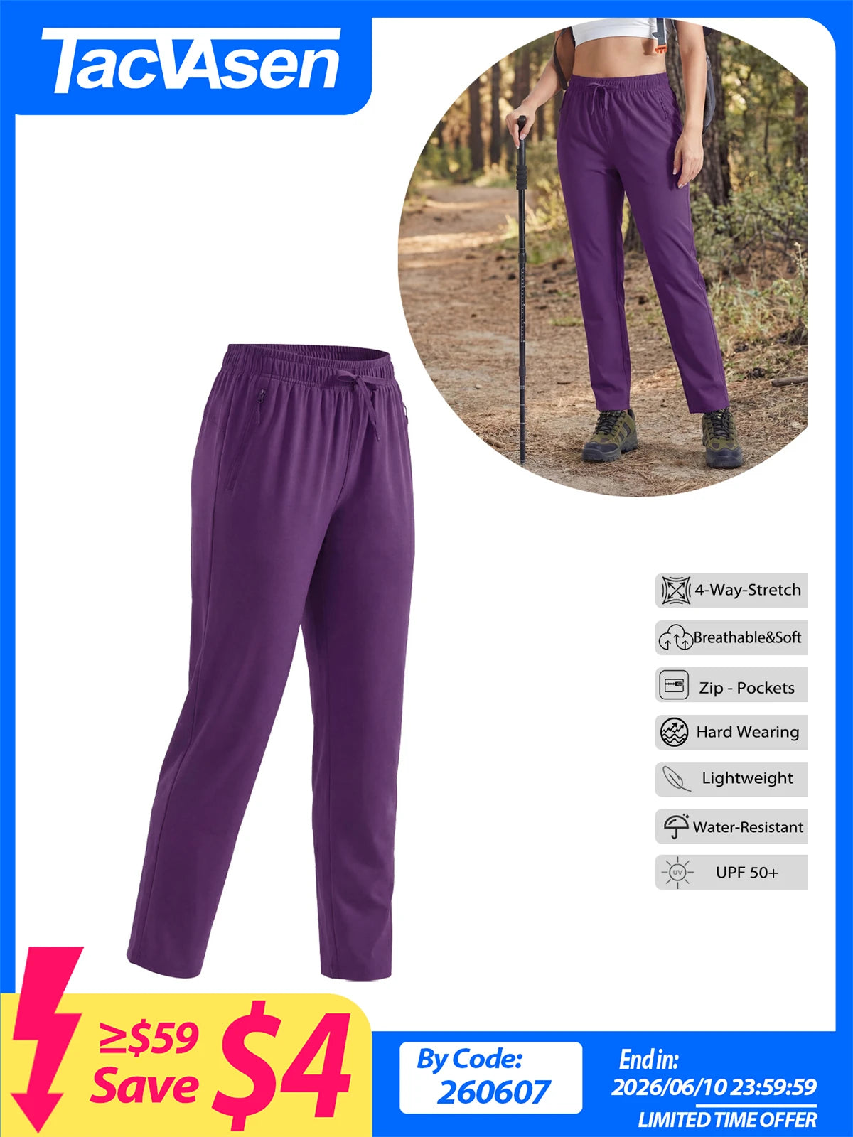 TACVASEN Womens Quick Dry Lightweight Hiking Pants Water Resistant Travel Pants with Zip Pockets Elastic Waist Golf Trousers