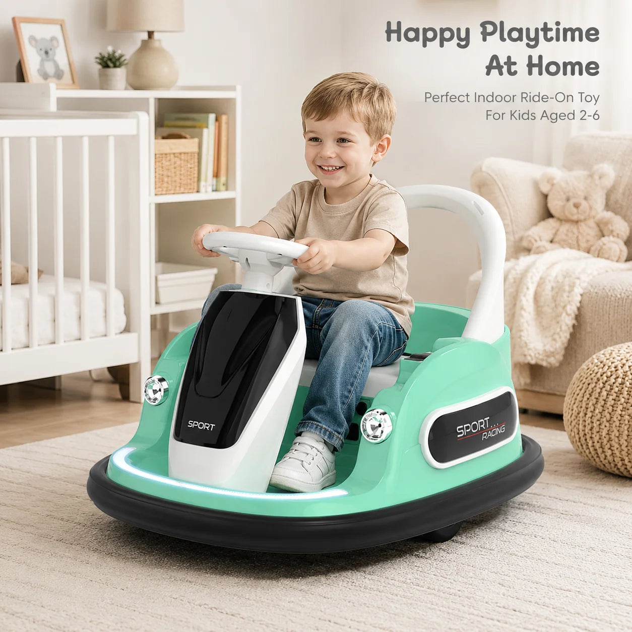 Kids Electric Bumper Car 318B, 2-6 Toddler Ride On Toy, Remote & Self-Dual Control, 360° Rotation, Bluetooth Music Early Educati